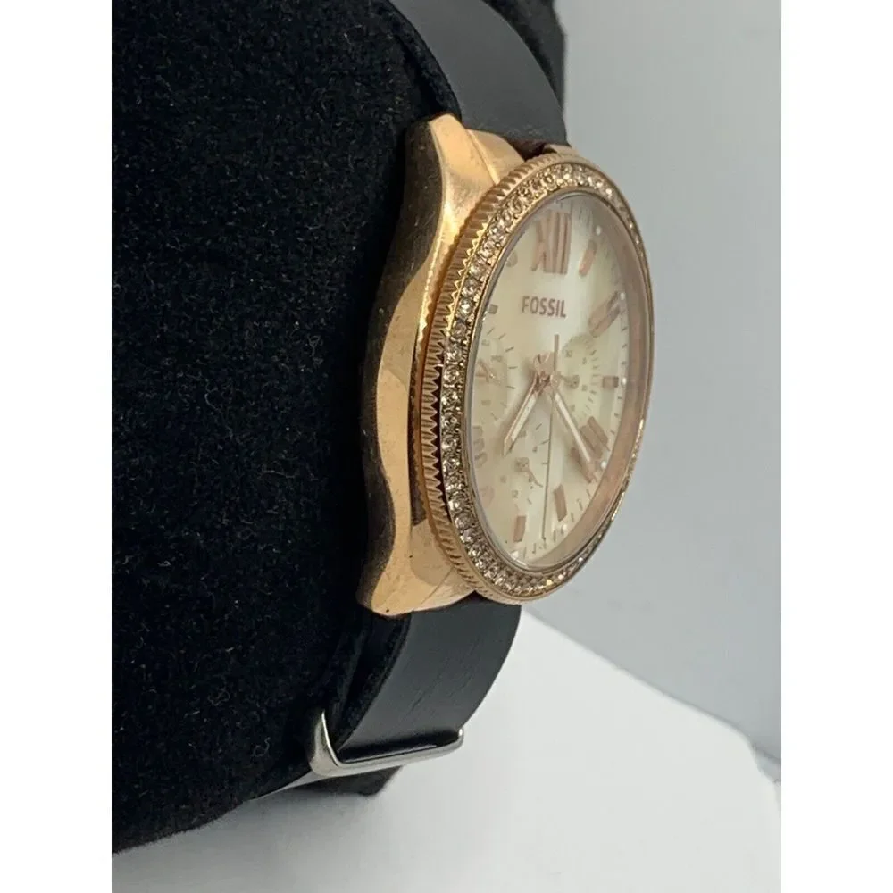 Fossil AM4616 Women's Black Leather Analog Beige Horne Dial Quartz Watch JD261